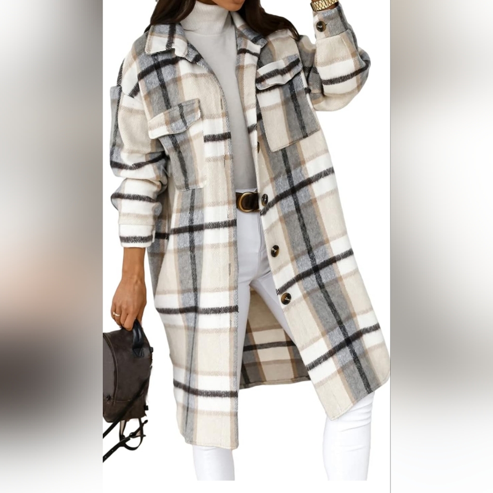 Plaid Long Pea Coat in Cream and Gray - Unbranded